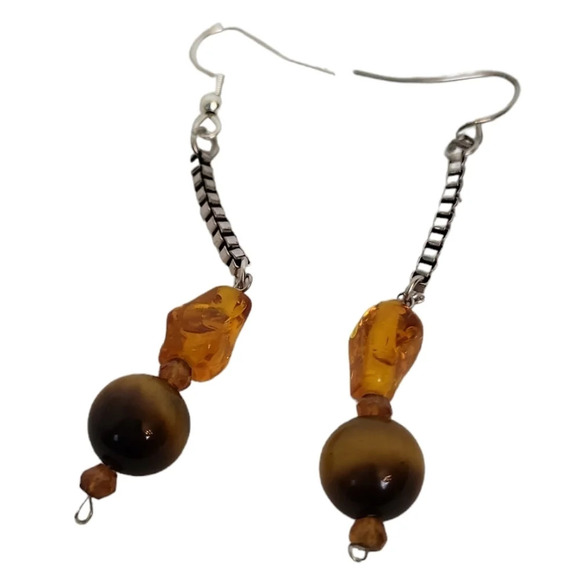 Tigers Eye Box Chain Earrings Dangle - Picture 2 of 2